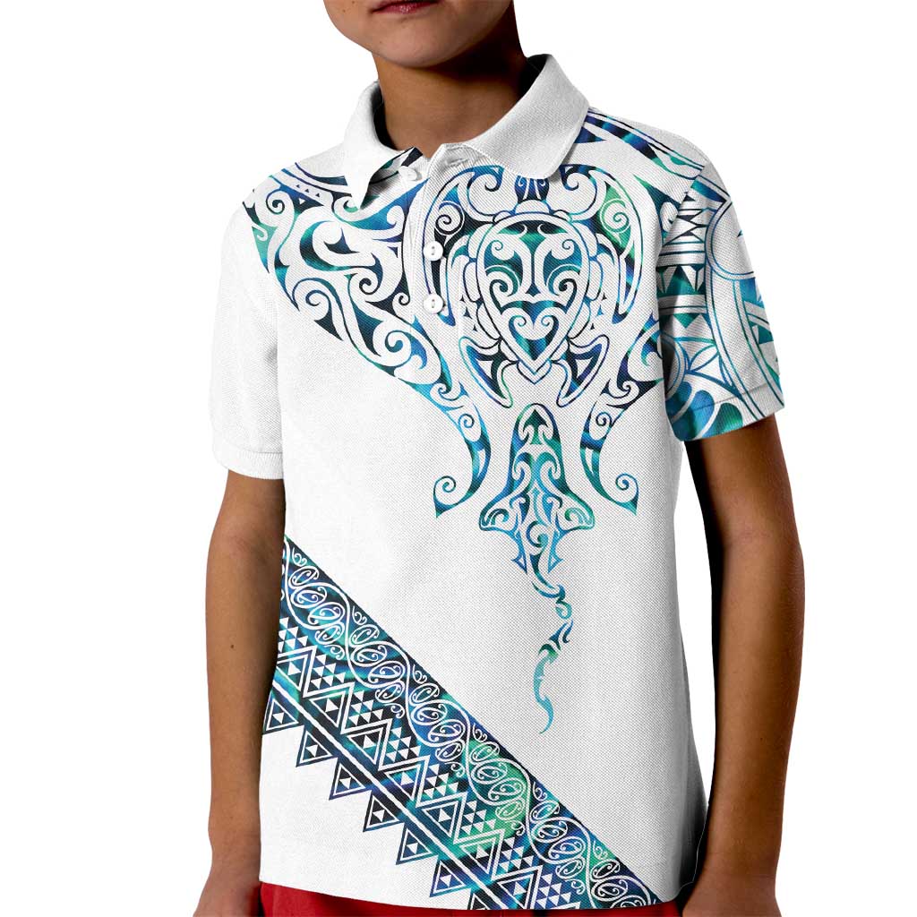 Kahui Whetu Paua shell Kowhaiwhai Taniko Personalised Kid Polo Shirt Manta Ray Shark-Turtle Maori Tribal Style LT9 Kid Blue - Polynesian Pride