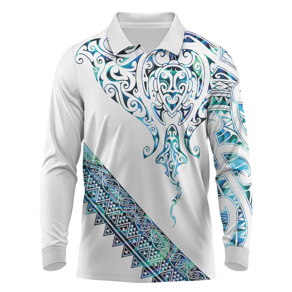 Kahui Whetu Paua shell Kowhaiwhai Taniko Personalised Long Sleeve Polo Shirt Manta Ray Shark-Turtle Maori Tribal Style