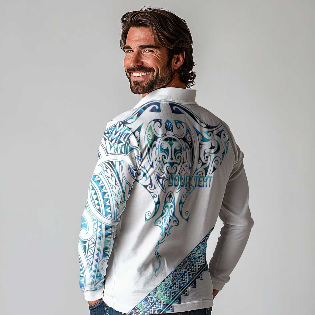 Kahui Whetu Paua shell Kowhaiwhai Taniko Personalised Long Sleeve Polo Shirt Manta Ray Shark-Turtle Maori Tribal Style
