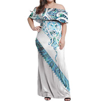 Kahui Whetu Paua shell Kowhaiwhai Taniko Personalised Off Shoulder Maxi Dress Manta Ray Shark-Turtle Maori Tribal Style LT9 Women Blue - Polynesian Pride