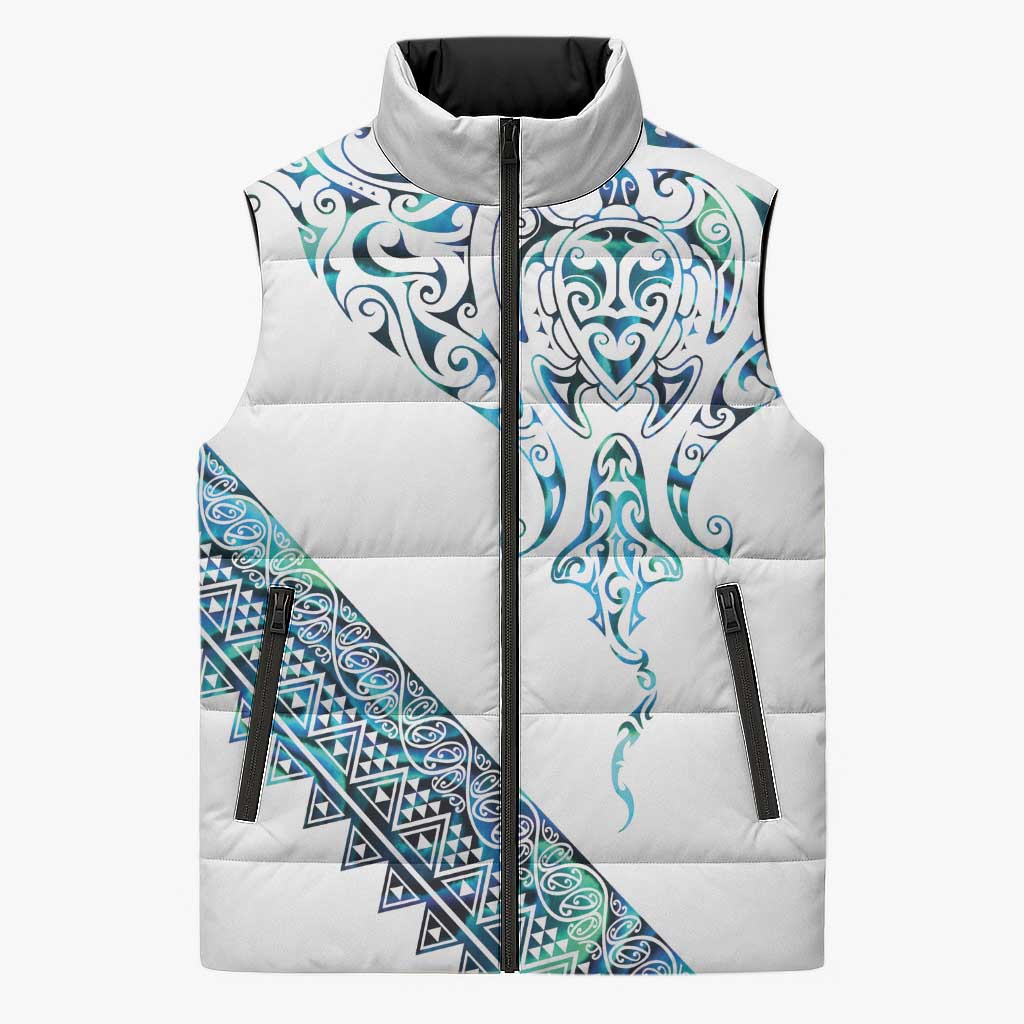 Kahui Whetu Paua shell Kowhaiwhai Taniko Personalised Sleeveless Puffer Jacket Manta Ray Shark-Turtle Maori Tribal Style LT9 Unisex Blue - Polynesian Pride