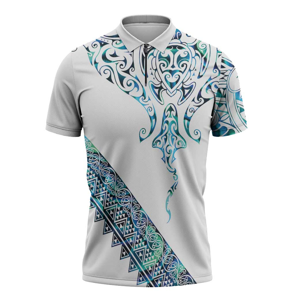 Kahui Whetu Paua shell Kowhaiwhai Taniko Personalised Zipper Polo Shirt Manta Ray Shark-Turtle Maori Tribal Style