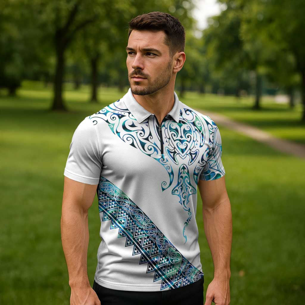 Kahui Whetu Paua shell Kowhaiwhai Taniko Personalised Zipper Polo Shirt Manta Ray Shark-Turtle Maori Tribal Style