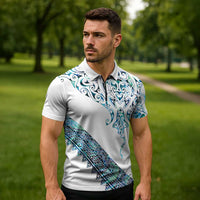 Kahui Whetu Paua shell Kowhaiwhai Taniko Personalised Zipper Polo Shirt Manta Ray Shark-Turtle Maori Tribal Style