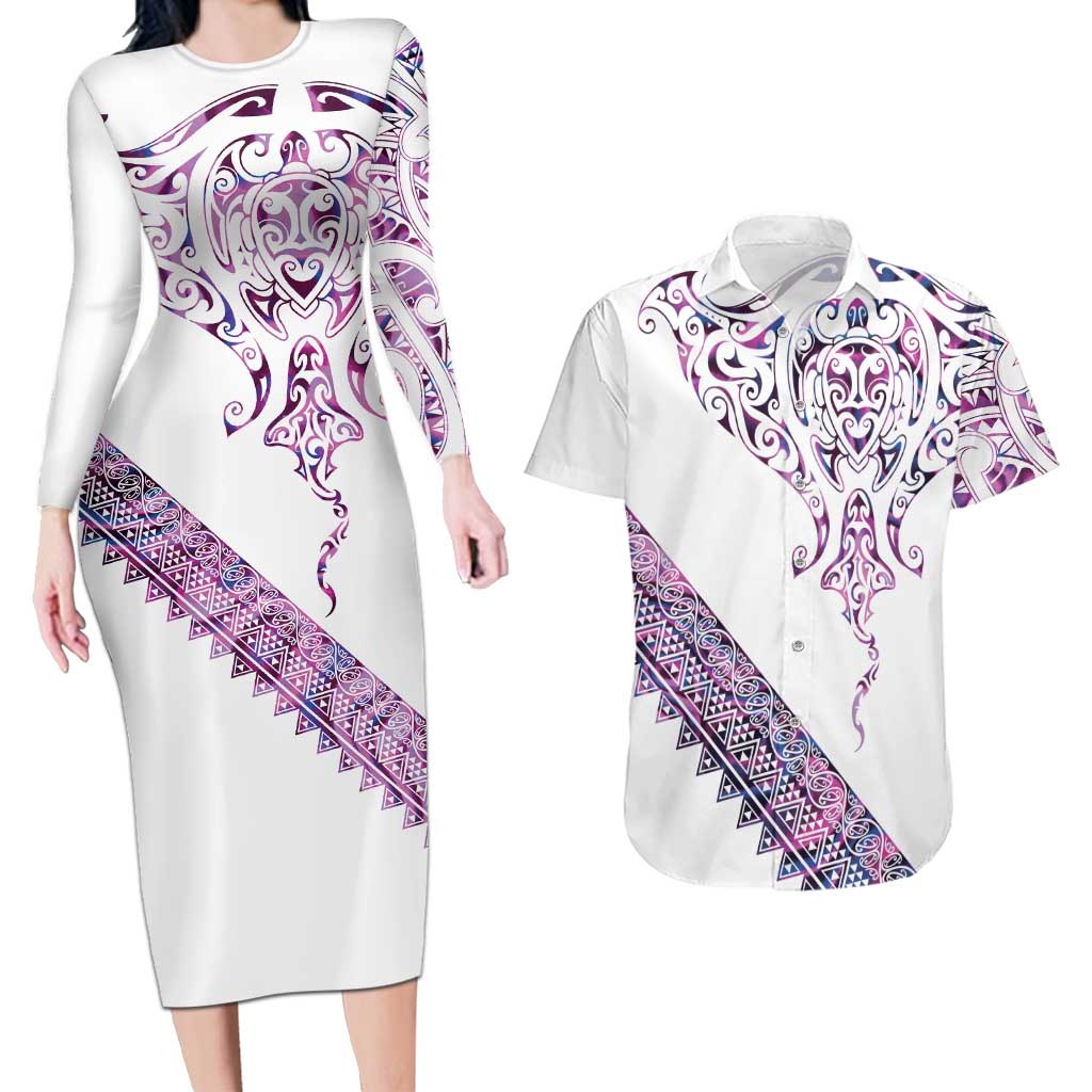 Mawhero Paua shell Kowhaiwhai Taniko Personalised Couples Matching Long Sleeve Bodycon Dress and Hawaiian Shirt Manta Ray Shark-Turtle Maori Tribal Style LT9 Pink - Polynesian Pride
