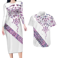 Mawhero Paua shell Kowhaiwhai Taniko Personalised Couples Matching Long Sleeve Bodycon Dress and Hawaiian Shirt Manta Ray Shark-Turtle Maori Tribal Style LT9 Pink - Polynesian Pride