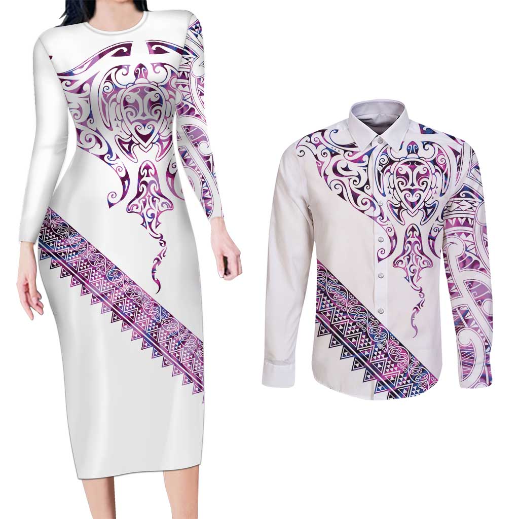 Mawhero Paua shell Kowhaiwhai Taniko Personalised Couples Matching Long Sleeve Bodycon Dress and Long Sleeve Button Shirt Manta Ray Shark-Turtle Maori Tribal Style LT9 Pink - Polynesian Pride
