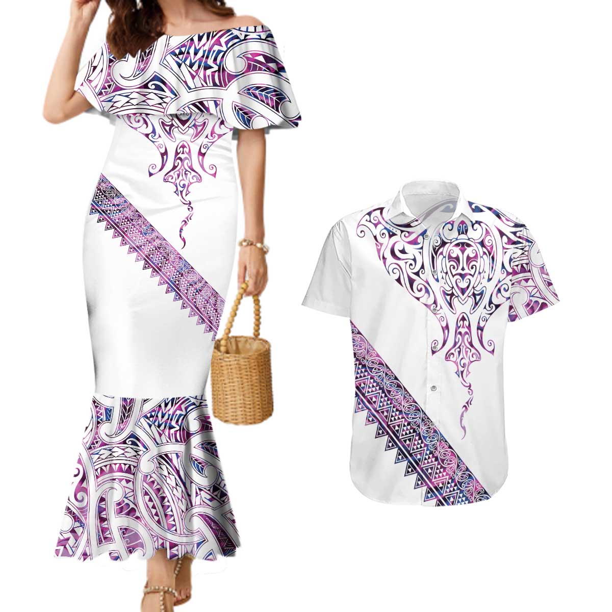 Mawhero Paua shell Kowhaiwhai Taniko Personalised Couples Matching Mermaid Dress and Hawaiian Shirt Manta Ray Shark-Turtle Maori Tribal Style LT9 Pink - Polynesian Pride