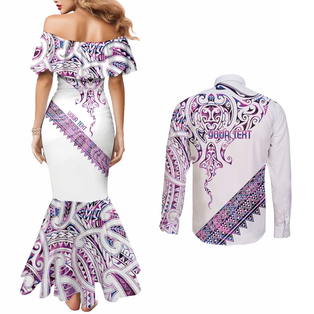 Mawhero Paua shell Kowhaiwhai Taniko Personalised Couples Matching Mermaid Dress and Long Sleeve Button Shirt Manta Ray Shark-Turtle Maori Tribal Style