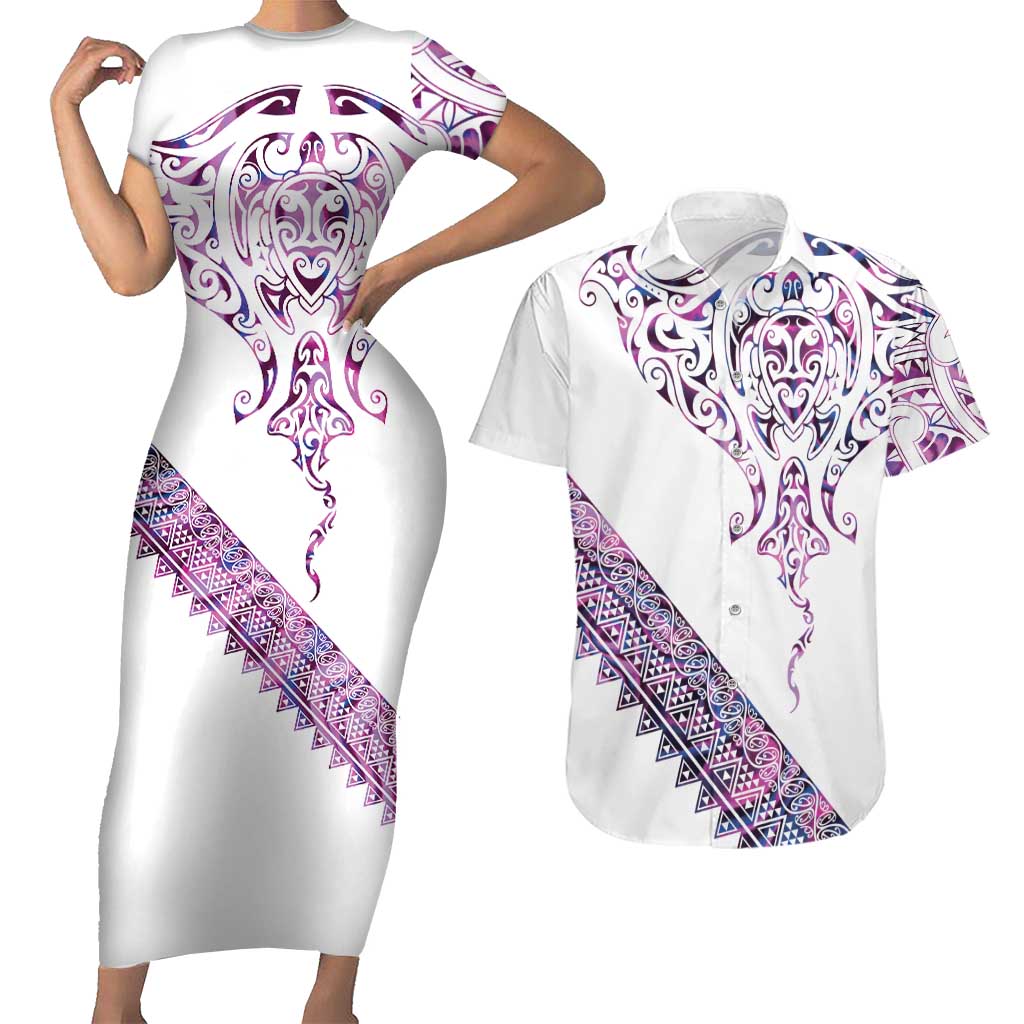 Mawhero Paua shell Kowhaiwhai Taniko Personalised Couples Matching Short Sleeve Bodycon Dress and Hawaiian Shirt Manta Ray Shark-Turtle Maori Tribal Style LT9 Pink - Polynesian Pride