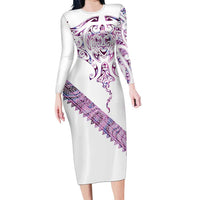 Mawhero Paua shell Kowhaiwhai Taniko Personalised Family Matching Long Sleeve Bodycon Dress and Hawaiian Shirt Manta Ray Shark-Turtle Maori Tribal Style LT9 Mom's Dress Pink - Polynesian Pride