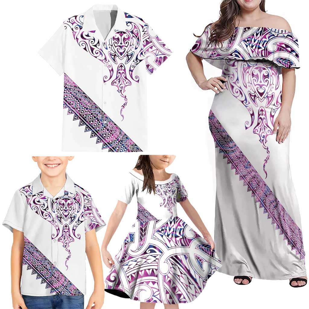 Mawhero Paua shell Kowhaiwhai Taniko Personalised Family Matching Off Shoulder Maxi Dress and Hawaiian Shirt Manta Ray Shark-Turtle Maori Tribal Style LT9 - Polynesian Pride
