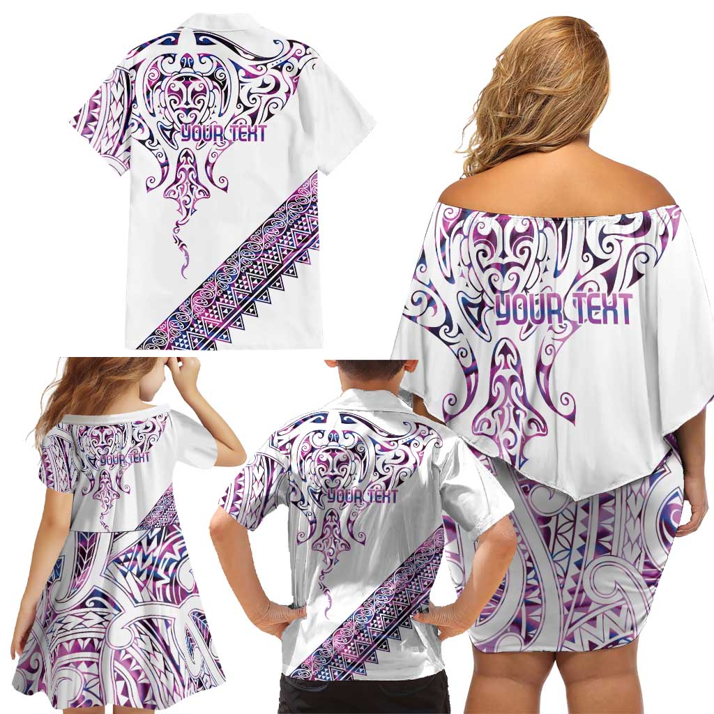 Mawhero Paua shell Kowhaiwhai Taniko Personalised Family Matching Off Shoulder Short Dress and Hawaiian Shirt Manta Ray Shark-Turtle Maori Tribal Style LT9 - Polynesian Pride