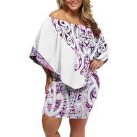Mawhero Paua shell Kowhaiwhai Taniko Personalised Family Matching Off Shoulder Short Dress and Hawaiian Shirt Manta Ray Shark-Turtle Maori Tribal Style LT9 Mom's Dress Pink - Polynesian Pride