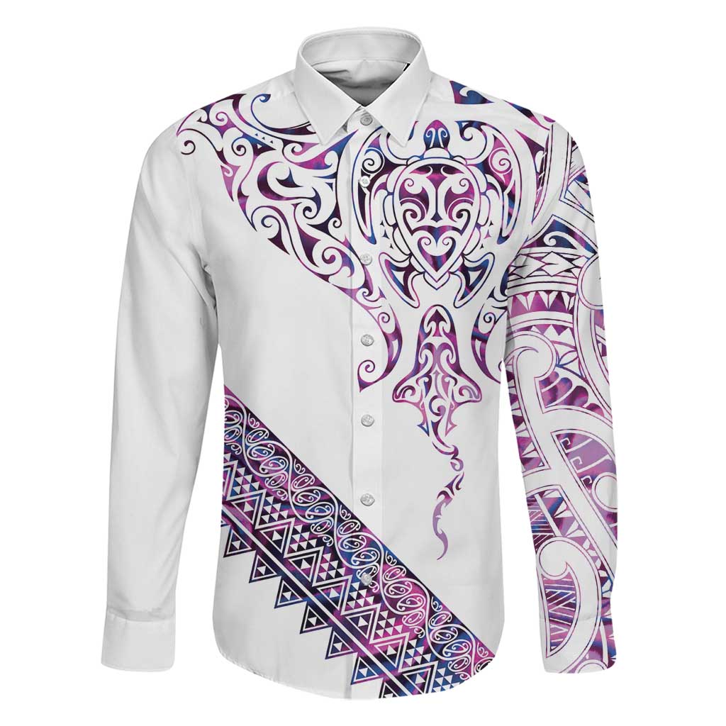 Mawhero Paua shell Kowhaiwhai Taniko Personalised Family Matching Puletasi and Hawaiian Shirt Manta Ray Shark-Turtle Maori Tribal Style LT9 Dad's Shirt - Long Sleeve Pink - Polynesian Pride