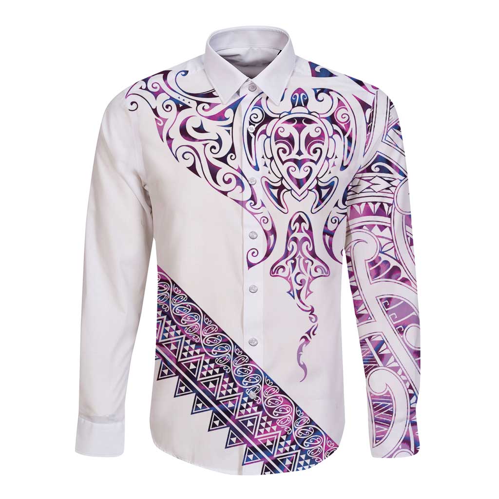 Mawhero Paua shell Kowhaiwhai Taniko Personalised Long Sleeve Button Shirt Manta Ray Shark-Turtle Maori Tribal Style LT9 Unisex Pink - Polynesian Pride