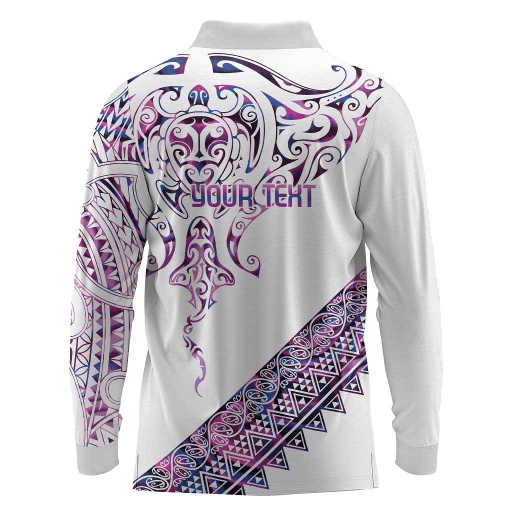 Mawhero Paua shell Kowhaiwhai Taniko Personalised Long Sleeve Polo Shirt Manta Ray Shark-Turtle Maori Tribal Style