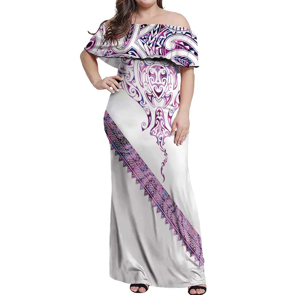 Mawhero Paua shell Kowhaiwhai Taniko Personalised Off Shoulder Maxi Dress Manta Ray Shark-Turtle Maori Tribal Style LT9 Women Pink - Polynesian Pride