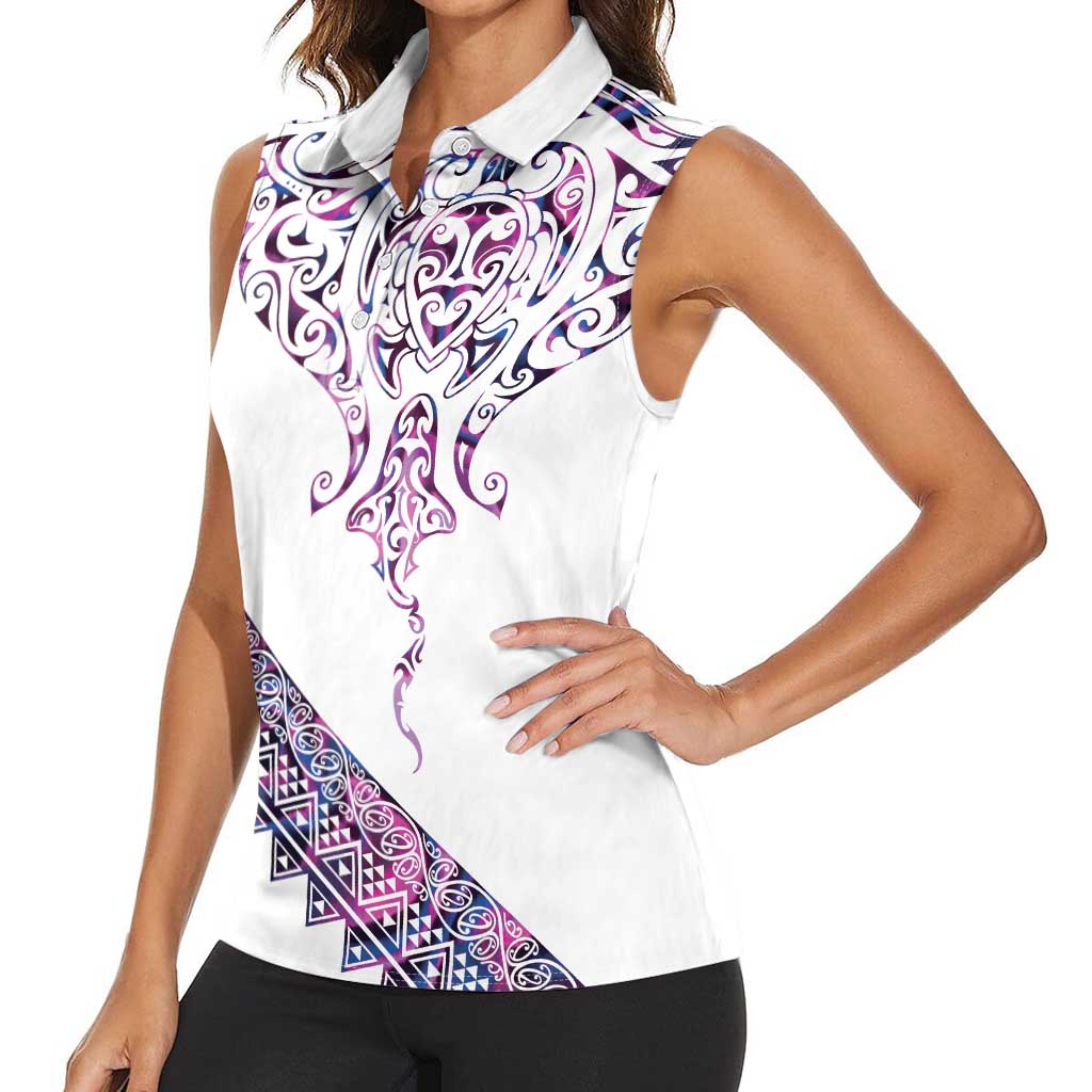 Mawhero Paua shell Kowhaiwhai Taniko Personalised Women Sleeveless Polo Shirt Manta Ray Shark-Turtle Maori Tribal Style