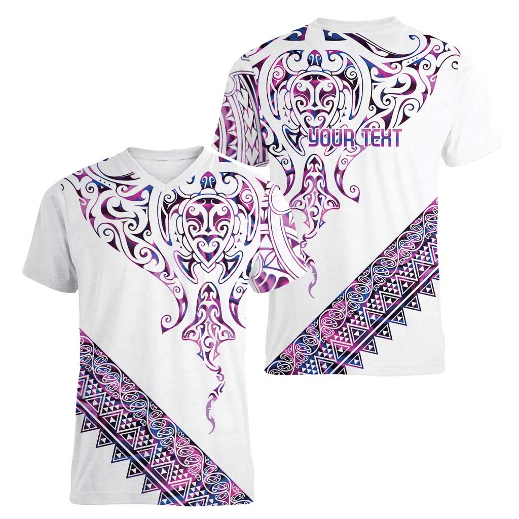 Mawhero Paua shell Kowhaiwhai Taniko Personalised Women V-Neck T-Shirt Manta Ray Shark-Turtle Maori Tribal Style LT9 - Polynesian Pride