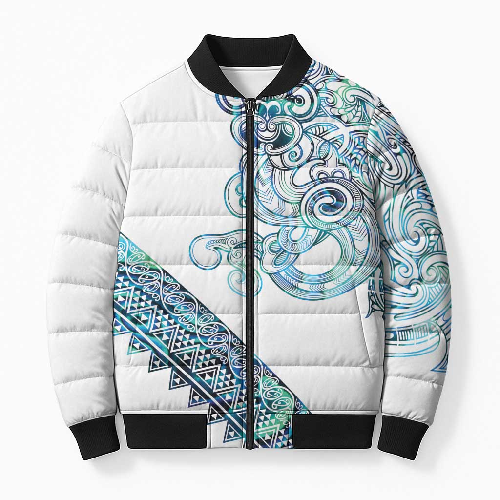 Kahui Whetu Paua shell Kowhaiwhai Taniko Personalised Bomber Puffer Jacket Taniwha Maori Tribal Style LT9 Unisex Blue - Polynesian Pride