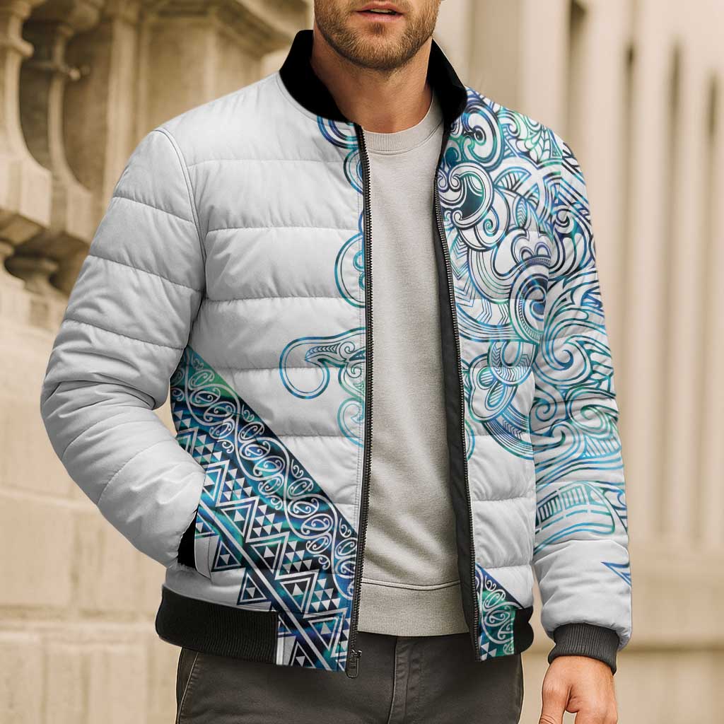 Kahui Whetu Paua shell Kowhaiwhai Taniko Personalised Bomber Puffer Jacket Taniwha Maori Tribal Style