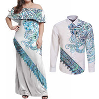 Kahui Whetu Paua shell Kowhaiwhai Taniko Personalised Couples Matching Off Shoulder Maxi Dress and Long Sleeve Button Shirt Taniwha Maori Tribal Style