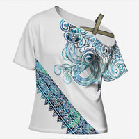 Kahui Whetu Paua shell Kowhaiwhai Taniko Personalised Cross Shoulder Shirt Taniwha Maori Tribal Style LT9 Female Blue - Polynesian Pride