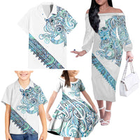 Kahui Whetu Paua shell Kowhaiwhai Taniko Personalised Family Matching Off The Shoulder Long Sleeve Dress and Hawaiian Shirt Taniwha Maori Tribal Style LT9 - Polynesian Pride