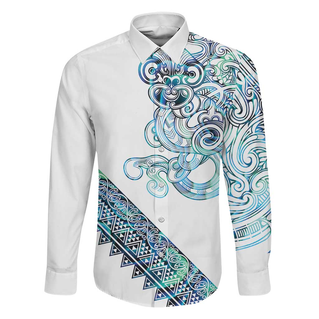 Kahui Whetu Paua shell Kowhaiwhai Taniko Personalised Family Matching Off Shoulder Maxi Dress and Hawaiian Shirt Taniwha Maori Tribal Style LT9 Dad's Shirt - Long Sleeve Blue - Polynesian Pride