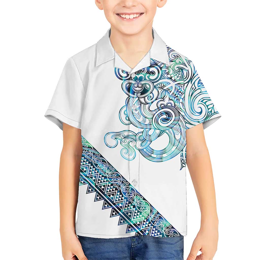 Kahui Whetu Paua shell Kowhaiwhai Taniko Personalised Family Matching Off Shoulder Short Dress and Hawaiian Shirt Taniwha Maori Tribal Style LT9 Son's Shirt Blue - Polynesian Pride