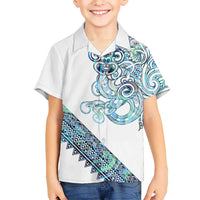 Kahui Whetu Paua shell Kowhaiwhai Taniko Personalised Family Matching Summer Maxi Dress and Hawaiian Shirt Taniwha Maori Tribal Style LT9 Son's Shirt Blue - Polynesian Pride
