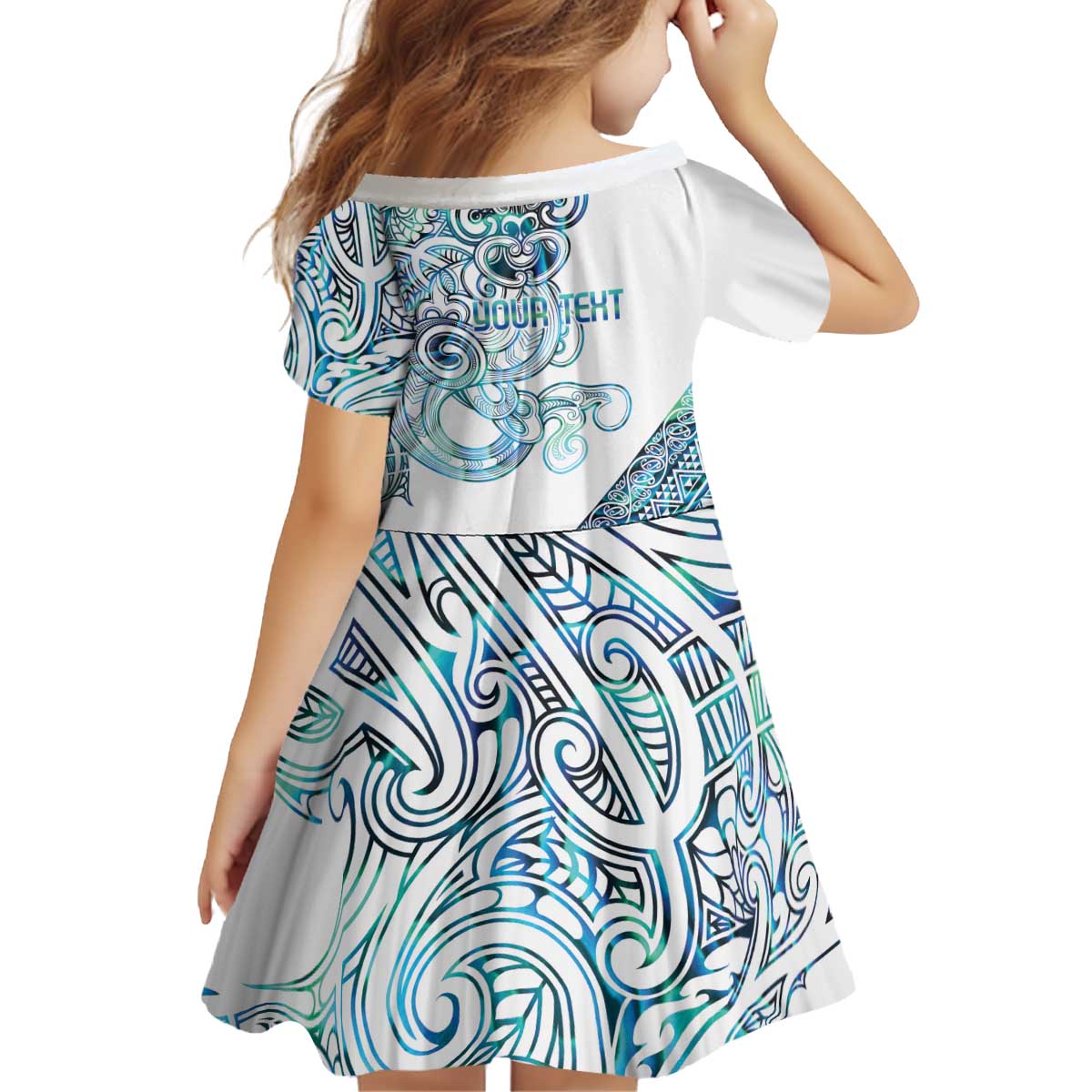Kahui Whetu Paua shell Kowhaiwhai Taniko Personalised Kid Short Sleeve Dress Taniwha Maori Tribal Style