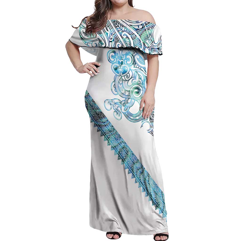 Kahui Whetu Paua shell Kowhaiwhai Taniko Personalised Off Shoulder Maxi Dress Taniwha Maori Tribal Style LT9 Women Blue - Polynesian Pride