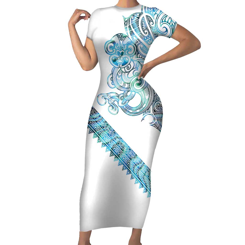Kahui Whetu Paua shell Kowhaiwhai Taniko Personalised Short Sleeve Bodycon Dress Taniwha Maori Tribal Style LT9 Long Dress Blue - Polynesian Pride