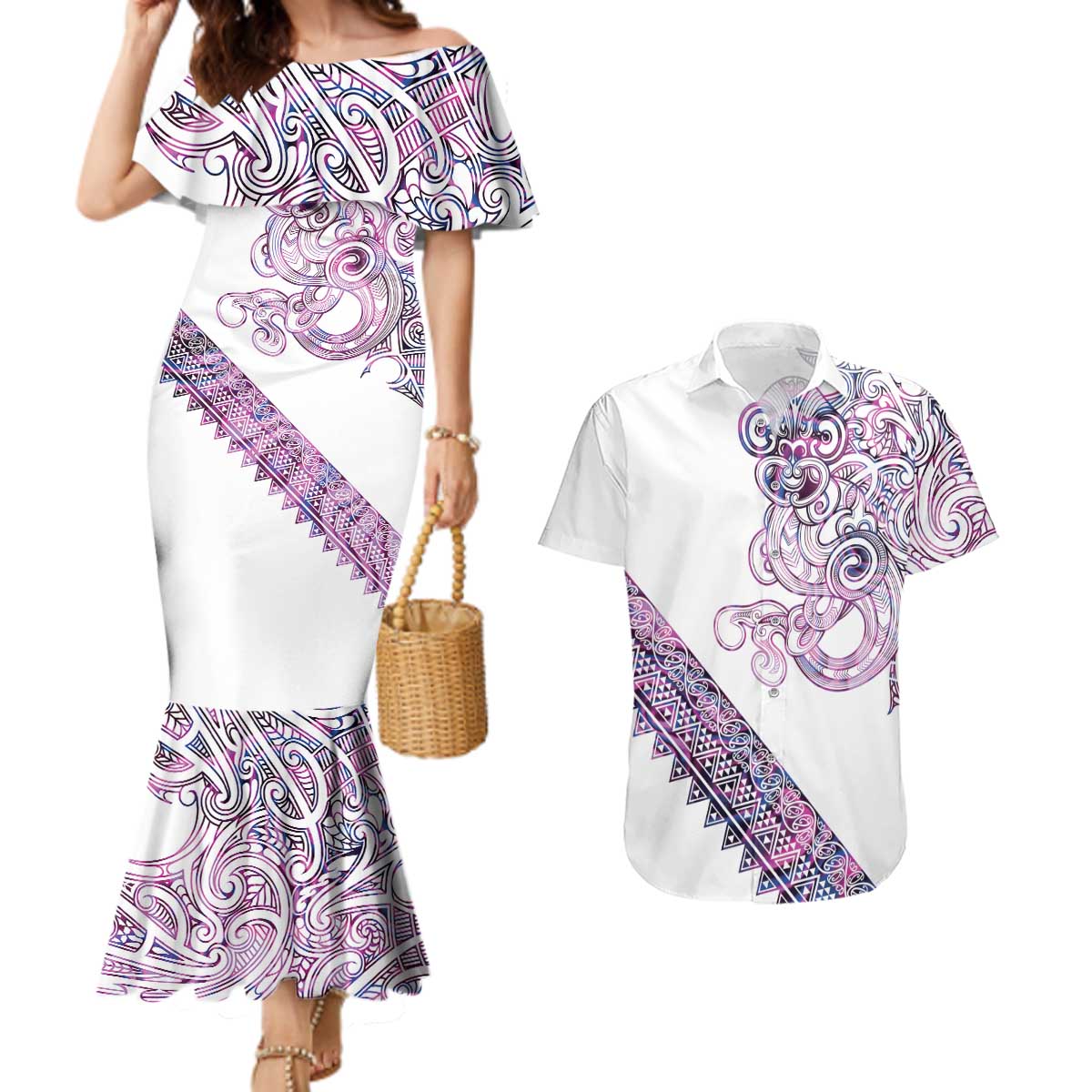 Mawhero Paua shell Kowhaiwhai Taniko Personalised Couples Matching Mermaid Dress and Hawaiian Shirt Taniwha Maori Tribal Style LT9 Pink - Polynesian Pride