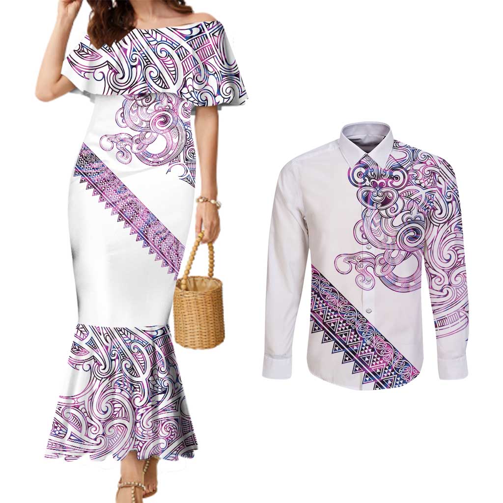 Mawhero Paua shell Kowhaiwhai Taniko Personalised Couples Matching Mermaid Dress and Long Sleeve Button Shirt Taniwha Maori Tribal Style LT9 Pink - Polynesian Pride