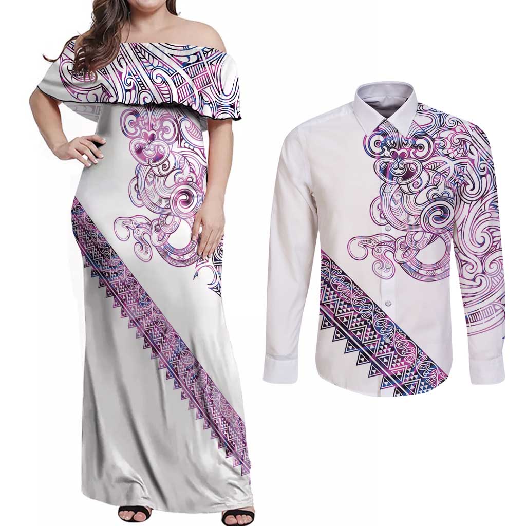 Mawhero Paua shell Kowhaiwhai Taniko Personalised Couples Matching Off Shoulder Maxi Dress and Long Sleeve Button Shirt Taniwha Maori Tribal Style