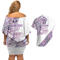 Mawhero Paua shell Kowhaiwhai Taniko Personalised Couples Matching Off Shoulder Short Dress and Hawaiian Shirt Taniwha Maori Tribal Style LT9 - Polynesian Pride