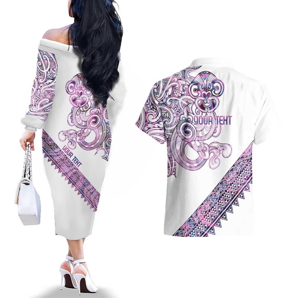 Mawhero Paua shell Kowhaiwhai Taniko Personalised Couples Matching Off The Shoulder Long Sleeve Dress and Hawaiian Shirt Taniwha Maori Tribal Style LT9 - Polynesian Pride
