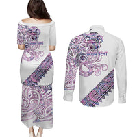Mawhero Paua shell Kowhaiwhai Taniko Personalised Couples Matching Puletasi and Long Sleeve Button Shirt Taniwha Maori Tribal Style