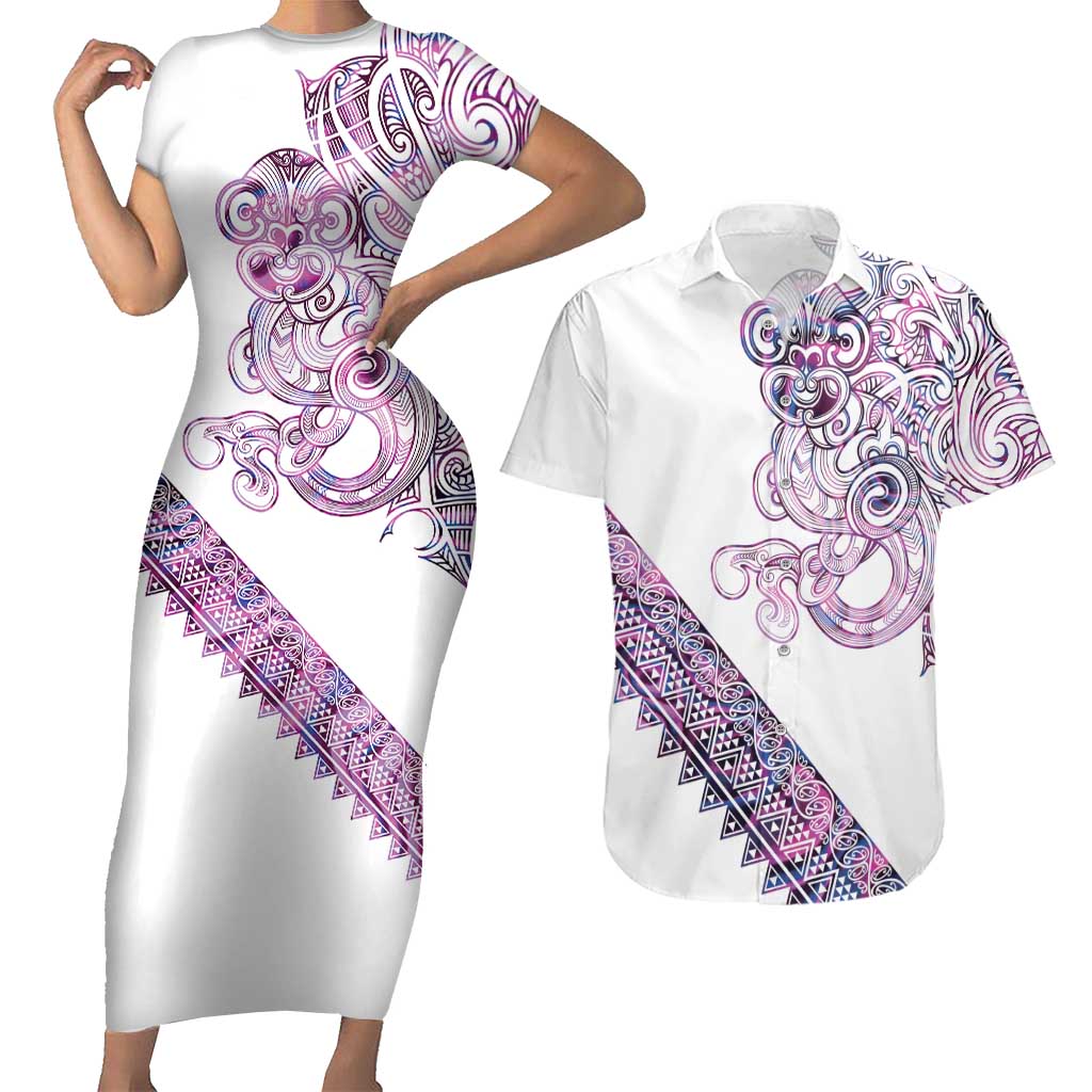 Mawhero Paua shell Kowhaiwhai Taniko Personalised Couples Matching Short Sleeve Bodycon Dress and Hawaiian Shirt Taniwha Maori Tribal Style LT9 Pink - Polynesian Pride