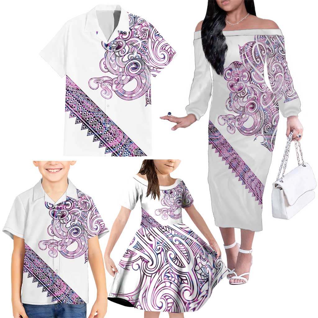 Mawhero Paua shell Kowhaiwhai Taniko Personalised Family Matching Off The Shoulder Long Sleeve Dress and Hawaiian Shirt Taniwha Maori Tribal Style LT9 - Polynesian Pride