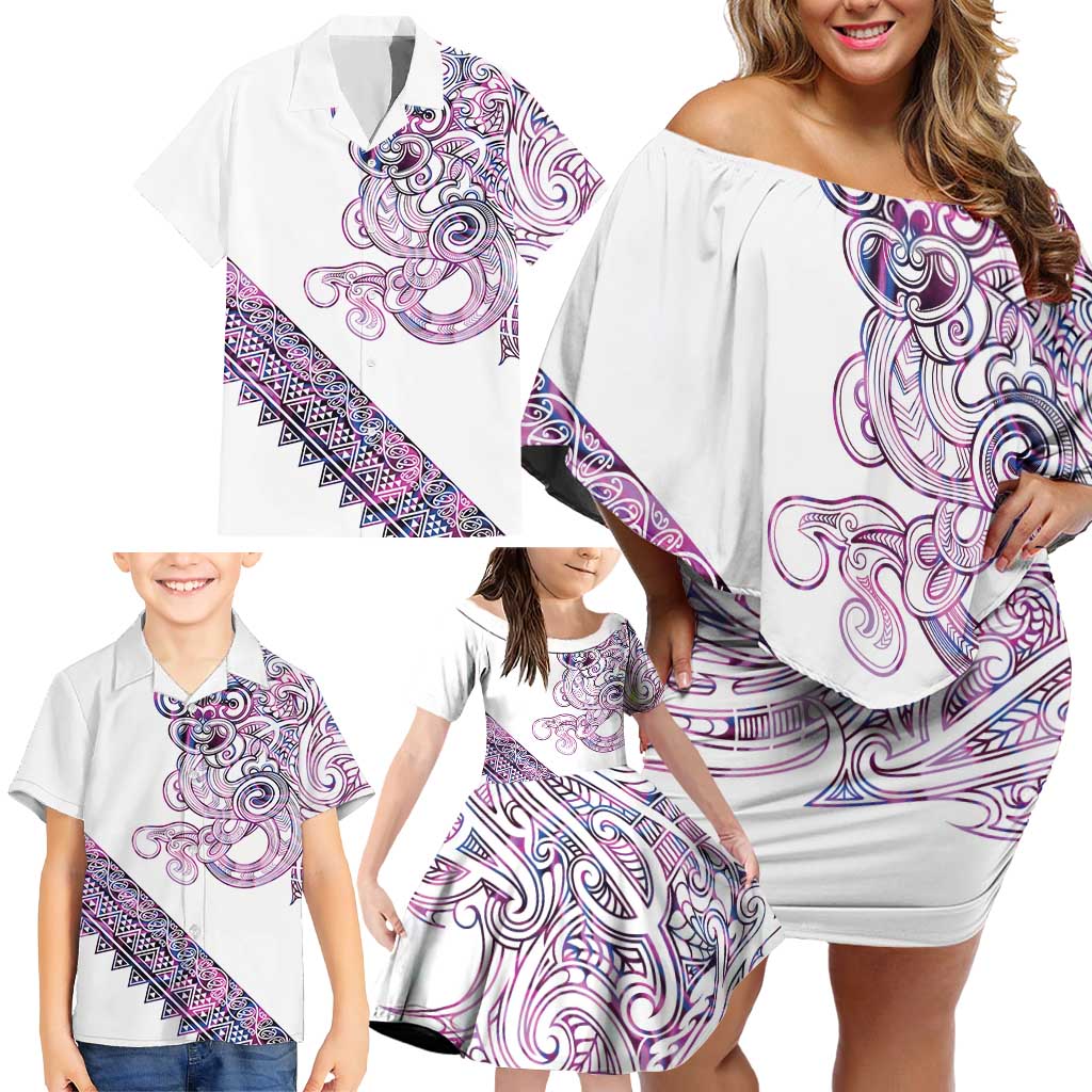Mawhero Paua shell Kowhaiwhai Taniko Personalised Family Matching Off Shoulder Short Dress and Hawaiian Shirt Taniwha Maori Tribal Style