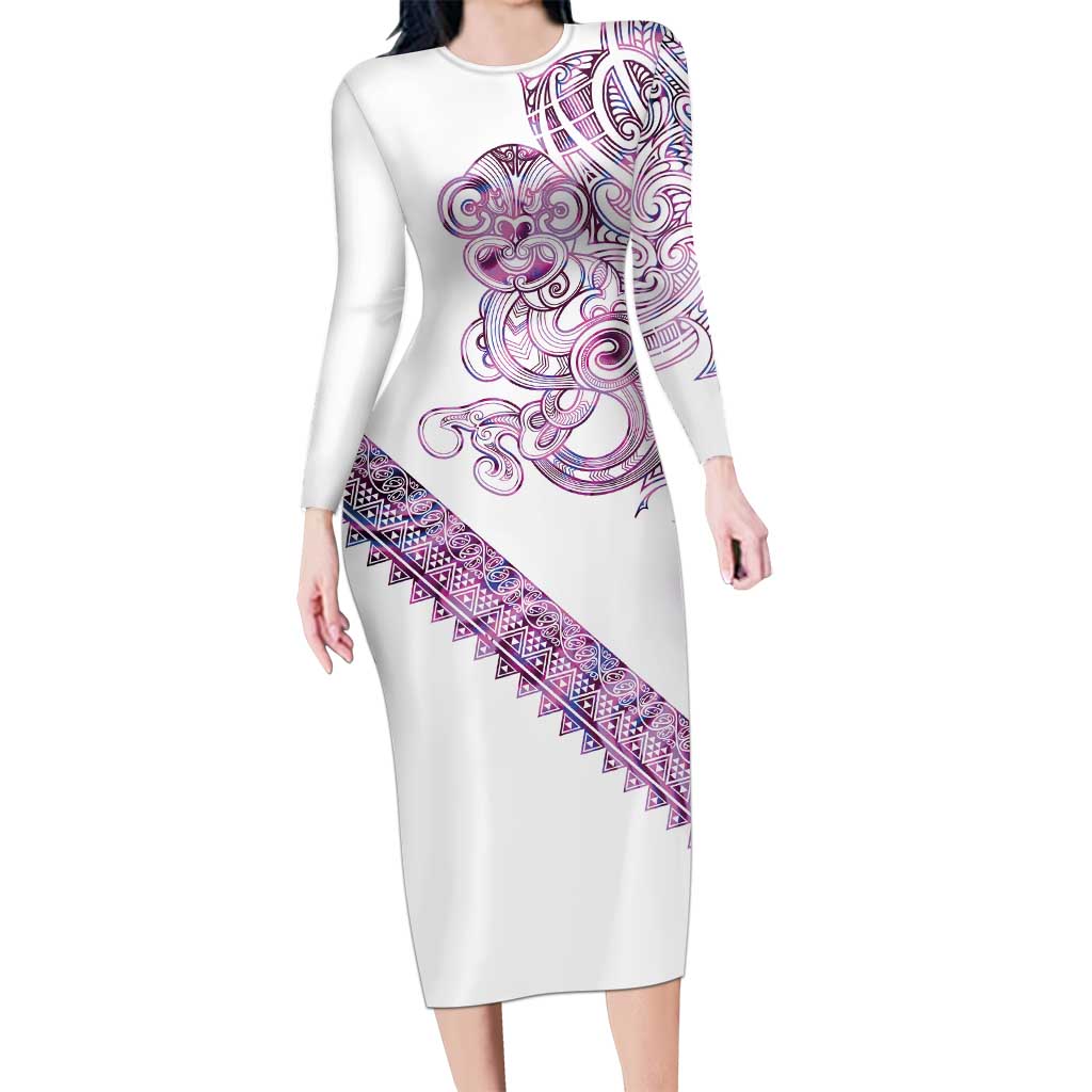 Mawhero Paua shell Kowhaiwhai Taniko Personalised Long Sleeve Bodycon Dress Taniwha Maori Tribal Style LT9 Long Dress Pink - Polynesian Pride