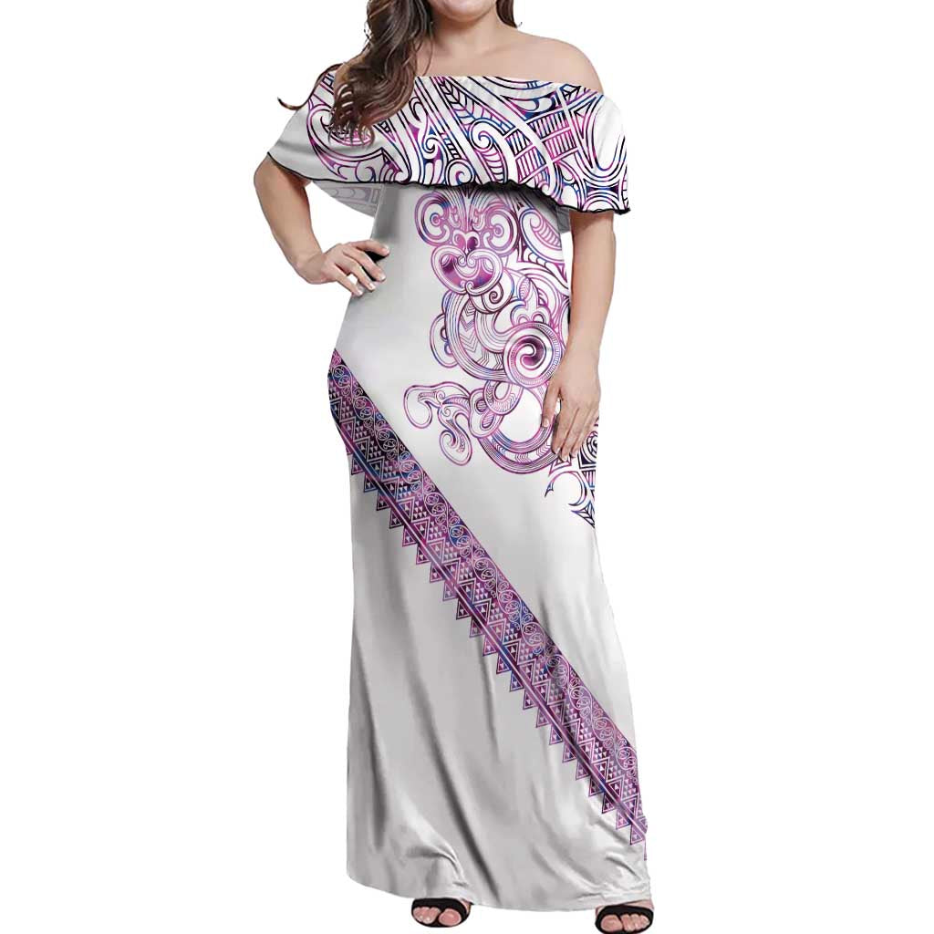 Mawhero Paua shell Kowhaiwhai Taniko Personalised Off Shoulder Maxi Dress Taniwha Maori Tribal Style