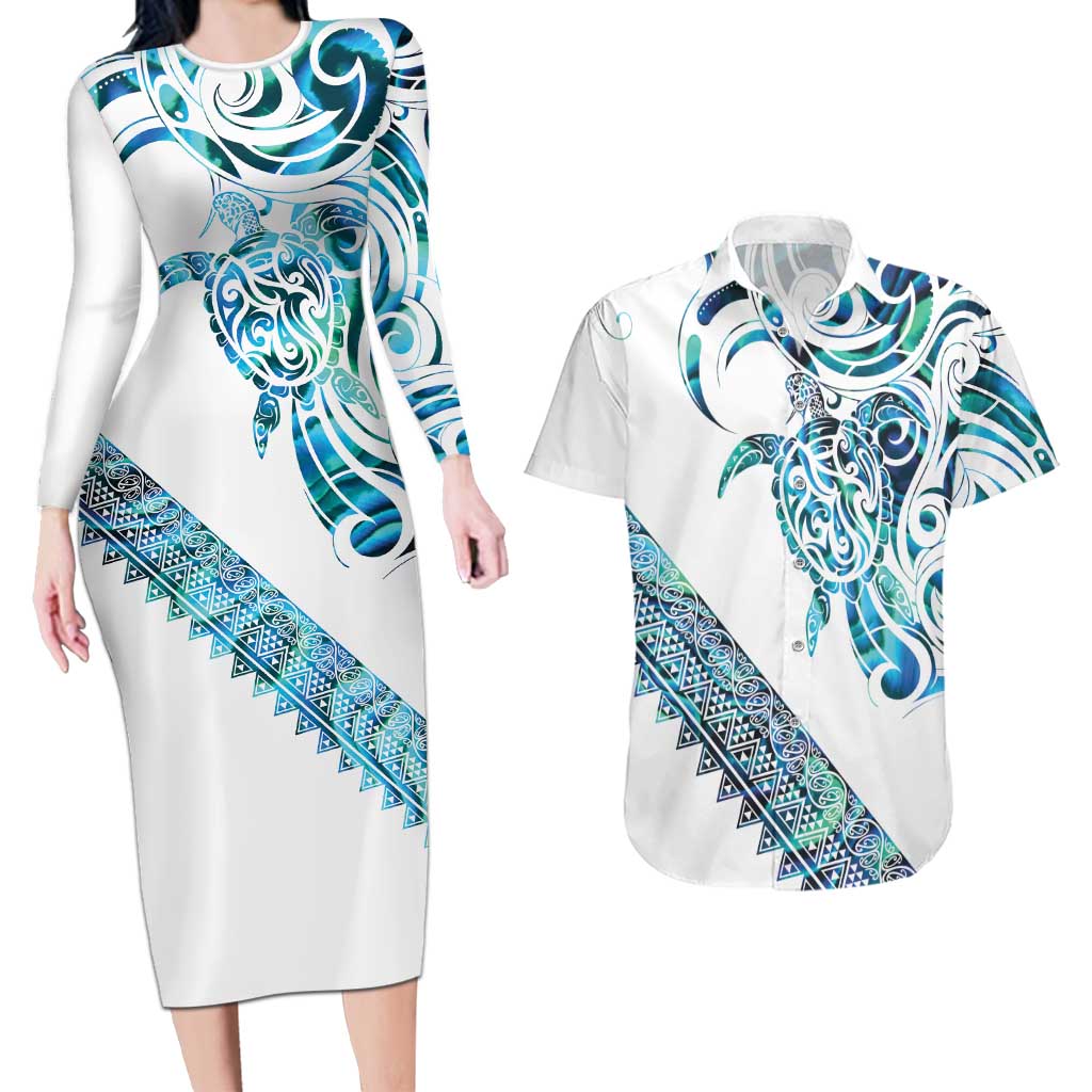 Kahui Whetu Paua shell Kowhaiwhai Taniko Personalised Couples Matching Long Sleeve Bodycon Dress and Hawaiian Shirt Turtle Tattoo Maori Tribal Style LT9 Blue - Polynesian Pride