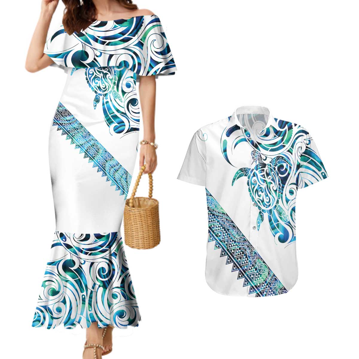 Kahui Whetu Paua shell Kowhaiwhai Taniko Personalised Couples Matching Mermaid Dress and Hawaiian Shirt Turtle Tattoo Maori Tribal Style