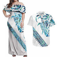 Kahui Whetu Paua shell Kowhaiwhai Taniko Personalised Couples Matching Off Shoulder Maxi Dress and Hawaiian Shirt Turtle Tattoo Maori Tribal Style