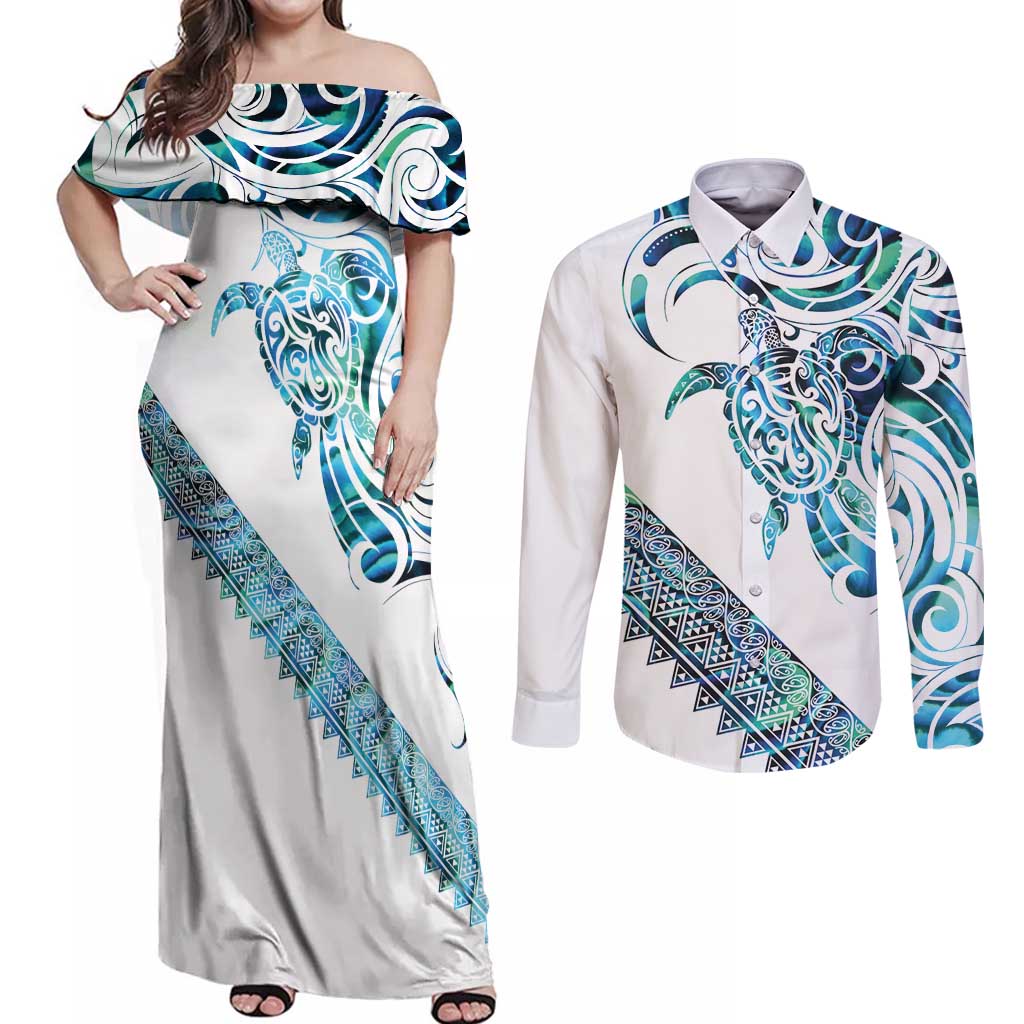 Kahui Whetu Paua shell Kowhaiwhai Taniko Personalised Couples Matching Off Shoulder Maxi Dress and Long Sleeve Button Shirt Turtle Tattoo Maori Tribal Style